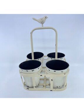 metal planter pot caddy with bird finial 4 removable pots shabby chic distressed